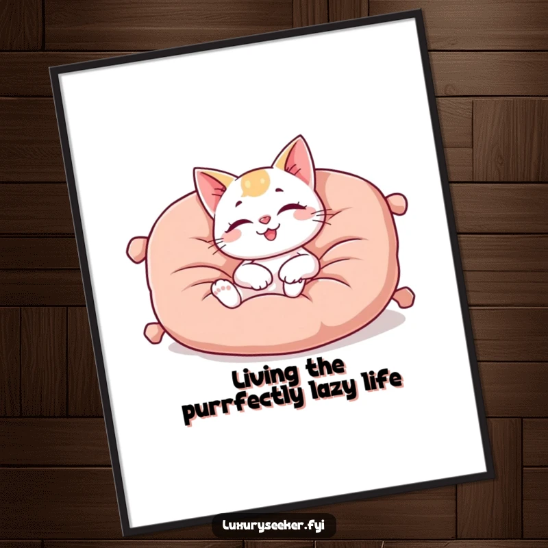Cute Free Printable Wall Art: Blissful cat character lounging luxuriously on a plush, oversized velvet cushion.