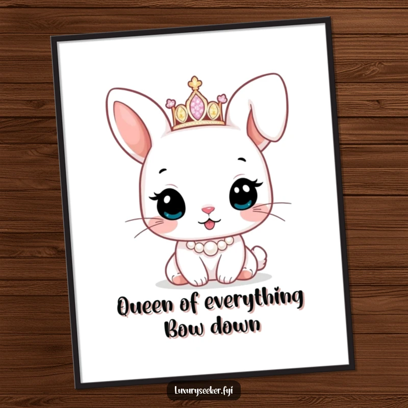 Cute Free Printable Wall Art: Adorable bunny character elegantly dressed in a sparkling tiara and pearl necklace.