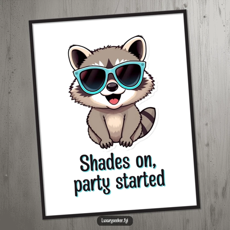 Funny Free Printable Wall Art: Delighted raccoon flaunting oversized diamond sunglasses, adding a touch of cool to any wall.