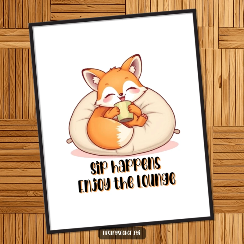 Funny Free Printable Wall Art: Joyful fox lounges elegantly on velvet with a cup, a humorous and cozy downloadable decor piece.