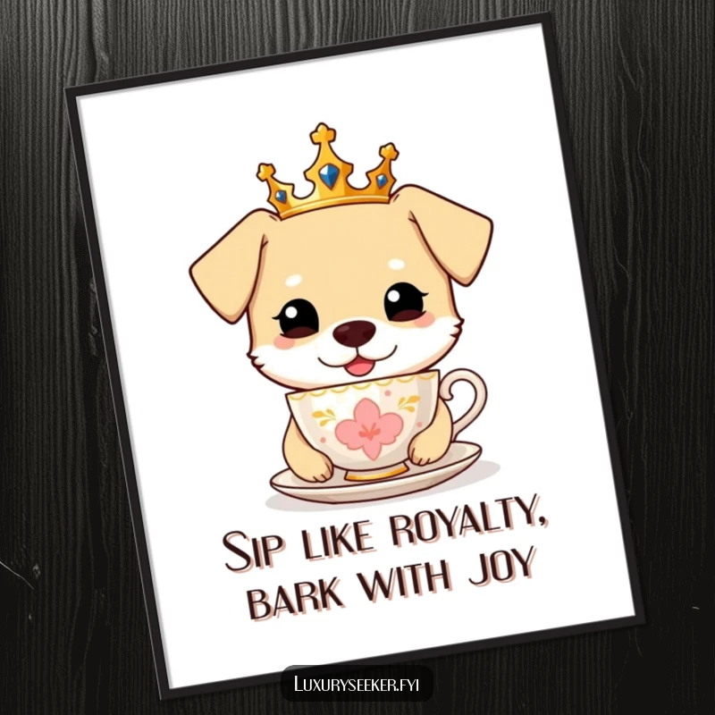 Funny free printable wall art of a cheerful dog wearing a tiny crown, elegantly sipping from a golden teacup.