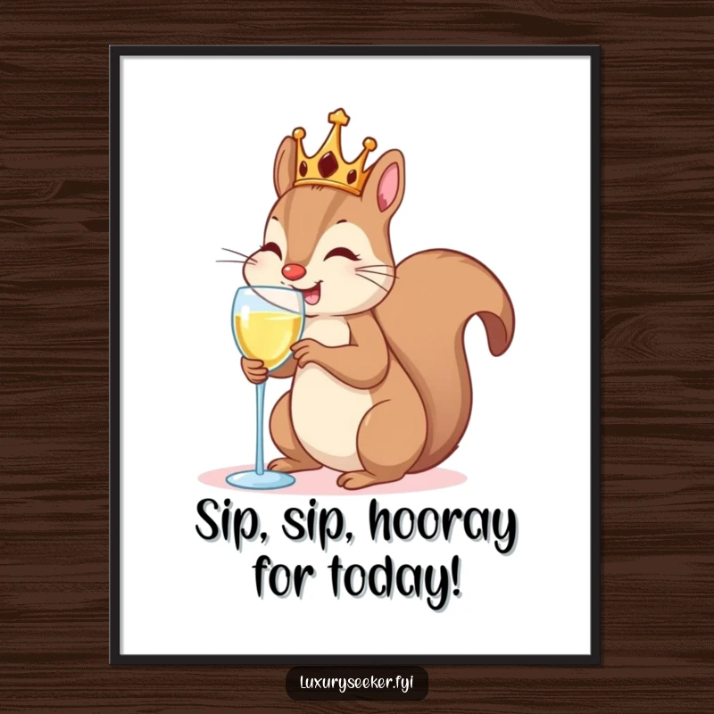 Funny Free Printable Wall Art: A happy squirrel sporting a tiny crown sips from a champagne flute, elegant and amusing.