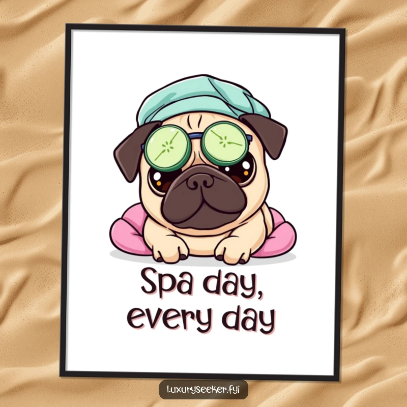 Funny Free Printable Wall Art of a pampered pug with cucumber slices on its eyes, enjoying a spa day.