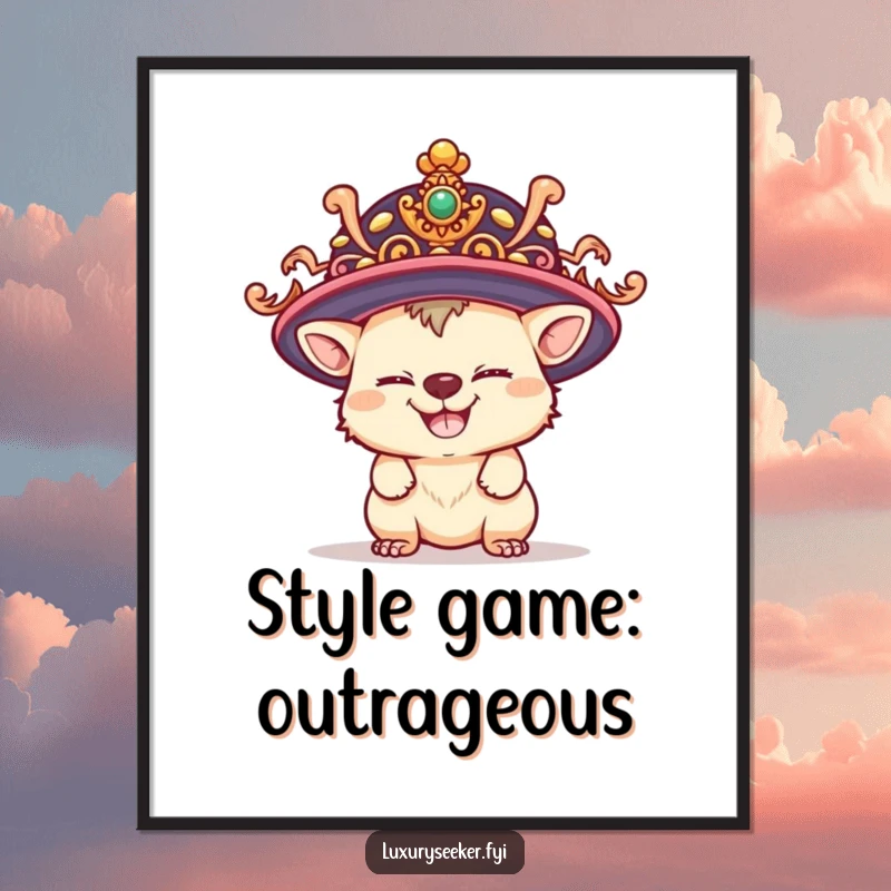 Funny Free Printable Wall Art: Playful creature with a mischievous grin wearing a ridiculously large, ornate hat, bringing humor to walls.