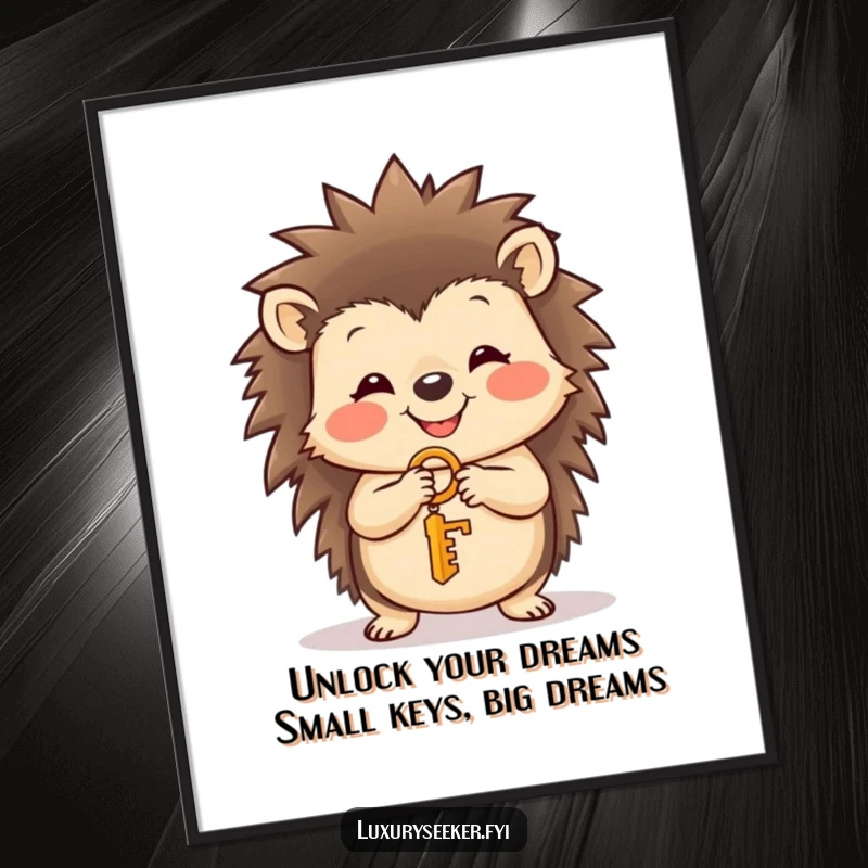 Funny Free Printable Wall Art featuring a smiling hedgehog holding a tiny golden key, adding a touch of whimsy and good fortune to any room.