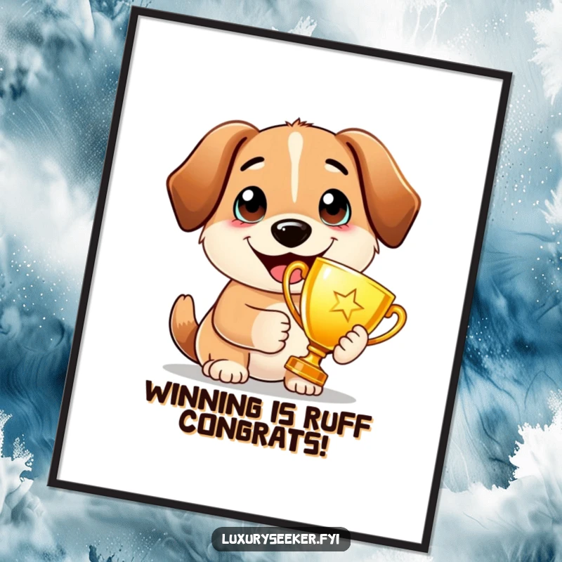 Funny Free Printable Wall Art: A proud dog holds a golden trophy with a wide, happy smile, a humorous downloadable decor piece.
