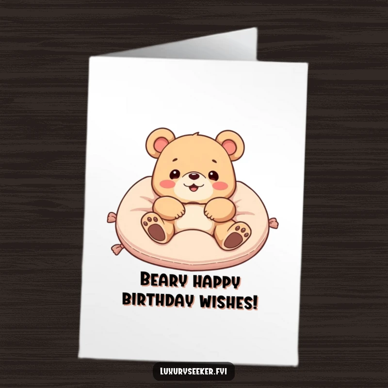 Funny Free Printable Birthday Card: Delighted bear in a tux lounging on a velvet pillow, exuding pure joy.
