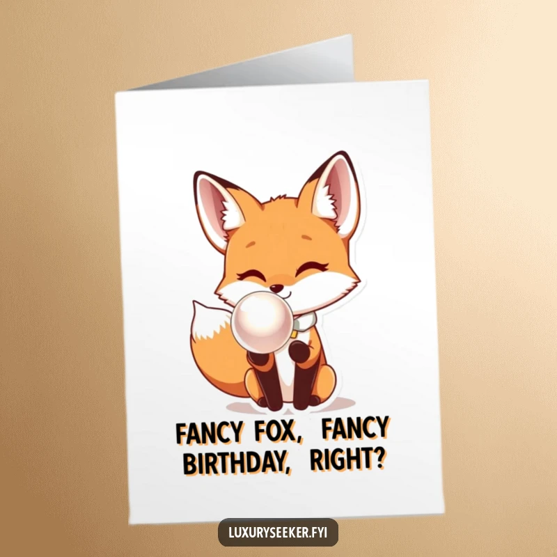Funny Free Printable Birthday Card: Dapper fox in bow tie inspects large pearl with curiosity.