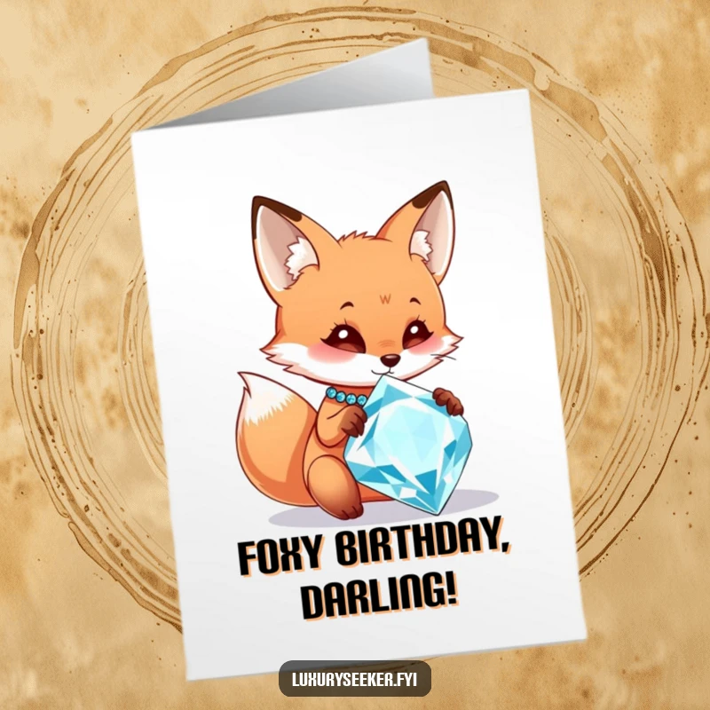 Funny Free Printable Birthday Card featuring a curious fox amazed by a giant sparkling diamond necklace.