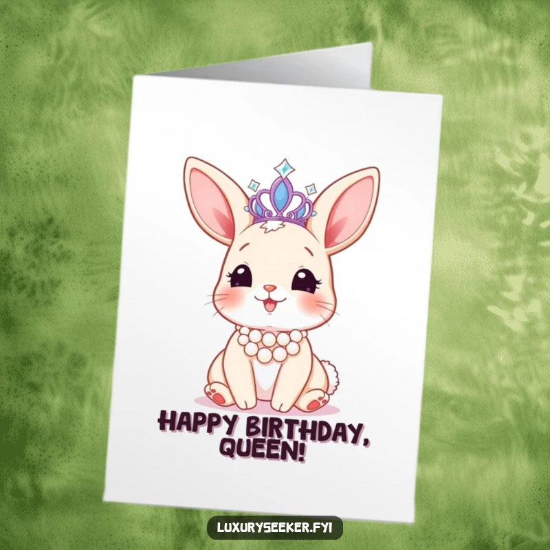 Funny Free Printable Birthday Card: Happy bunny wearing a pearl necklace, admiring a sparkling tiara.
