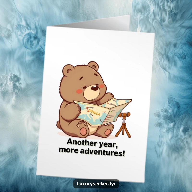 Funny Free Printable Birthday Card: Determined bear studying a map with luxury destinations crossed off, planning.