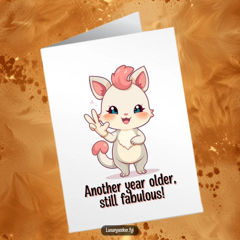 Funny Free Printable Birthday Card: Cheerful creature blushing, posing elegantly with a long, fancy glove, ready to celebrate.