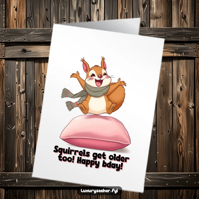 Funny Free Printable Birthday Card: Excited squirrel in a designer scarf leaping onto a velvet cushion, celebrating a birthday in style.