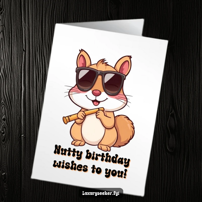 Funny Free Printable Birthday Card: Cool squirrel in sunglasses sips champagne from a flute, radiating chill vibes.