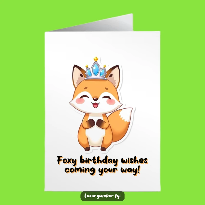Free Printable Birthday Card: Joyful Fox Tiara Pose Downloadable