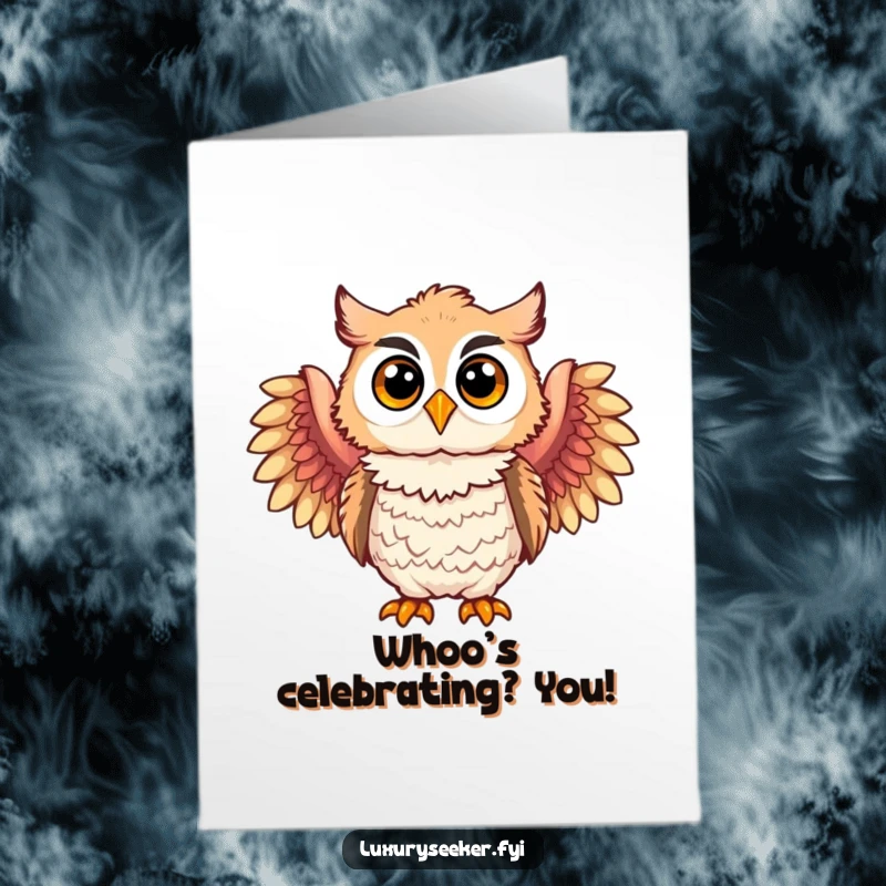 Funny Free Printable Birthday Card: Joyful owl character draped in elegant, fluffy feathered boas, looking amused and festive.