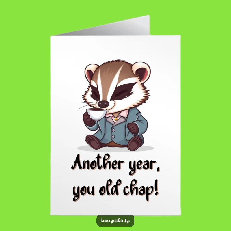 Free Printable Birthday Card: Mischievous Badger Sips Tea- Funny Downloadable Gift