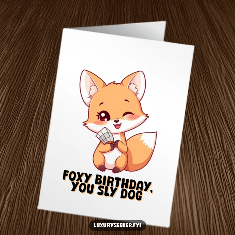 Funny Free Printable Birthday Card featuring a happy fox coyly holding a fan and peeking back.