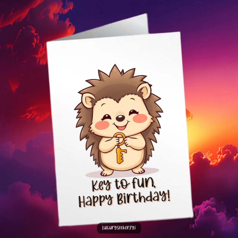 Funny Free Printable Birthday Card featuring a smiling hedgehog holding a tiny golden key, symbolizing good fortune and a special celebration unlocked.