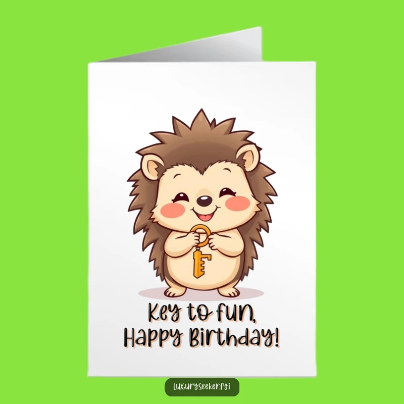 Free Printable Birthday Card: Smiling Hedgehog with Golden Key, Funny Downloadable Gift for a Special Day