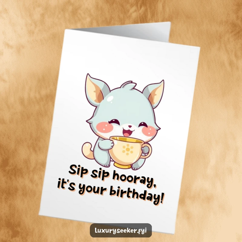 Funny Free Printable Birthday Card: Joyful creature with a knowing smile sipping from a tiny golden teacup, celebrating joyfully.