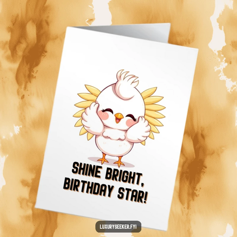 Funny Free Printable Bird Birthday Card: A happy bird preening, showing off a spectacular cascade of golden feathers.