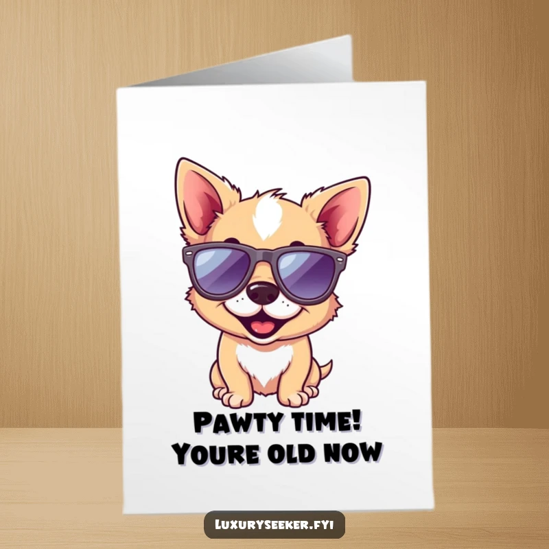 Funny Free Printable Birthday Card: Playful dog with designer sunglasses, smiling broadly, ready to party, downloadable gift.