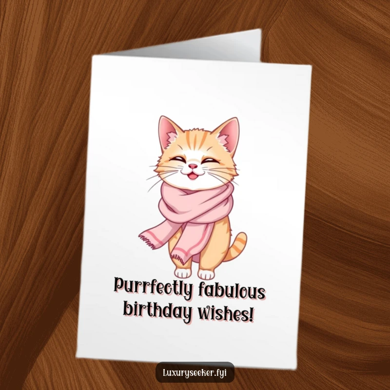 Funny Free Printable Birthday Card featuring a giggling cat in a fancy silk scarf, spreading joy and laughter.