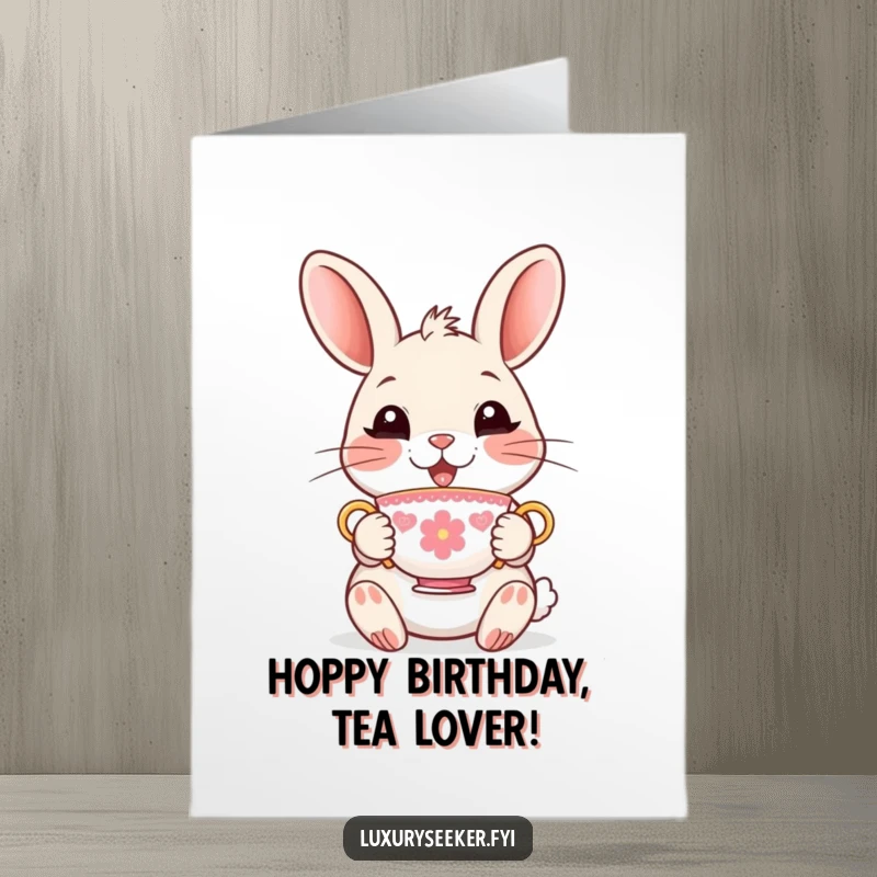 Funny Free Printable Birthday Card: Delighted rabbit delicately holds a tiny, ornate teacup. Downloadable gift.