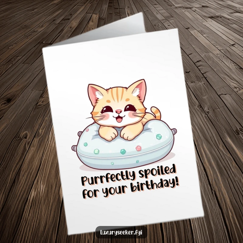 Funny free printable birthday card featuring a happy cat lounging regally on a plush pillow crafted from sparkling gemstones.