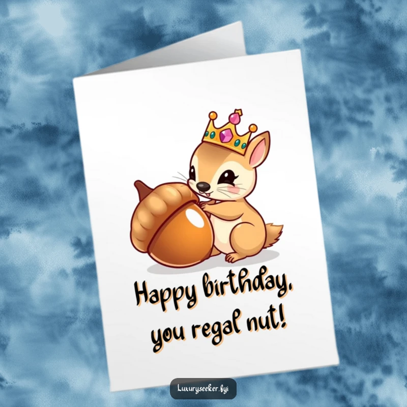 Funny Free Printable Birthday Card: Tiny squirrel in a jeweled crown admiring its reflection in an acorn, a DIY gift.