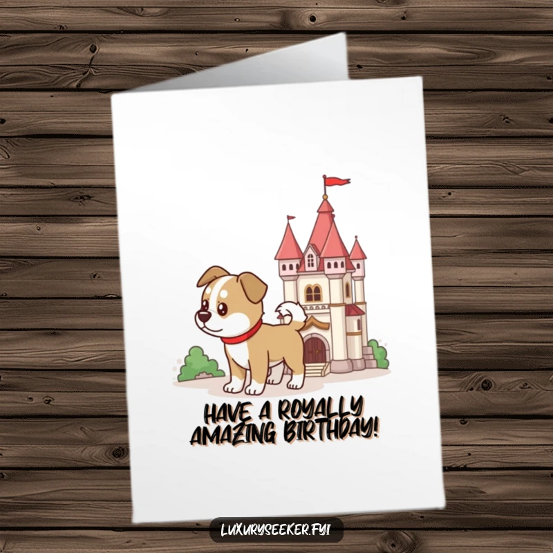 Funny Free Printable Birthday Card of a determined dog, tail wagging, proudly guarding a tiny, ornate castle, ready for an adventure.