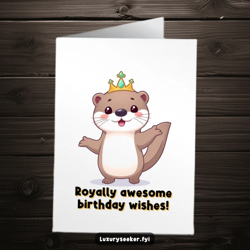 Funny Free Printable Otter Tiara Birthday Card: A playful otter struts proudly wearing a tiny, sparkling jeweled tiara.