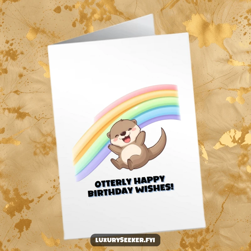 Funny Free Printable Birthday Card: Joyful otter cheerfully sliding down a vibrant rainbow made of shimmering silk ribbons.