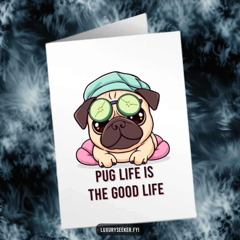 Funny Free Printable Birthday Card featuring a pampered pug with cucumber slices on its eyes enjoying a spa day.