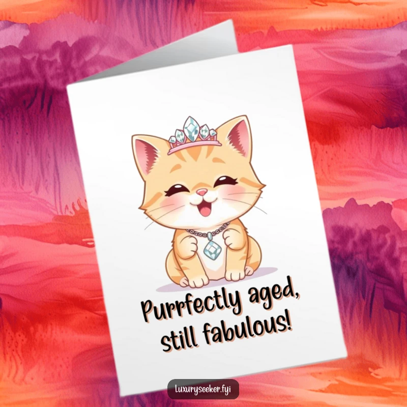 Funny Free Printable Birthday Card: Delighted cat wears a tiny diamond tiara, admiring a sparkling necklace, celebrating in purrfect style.