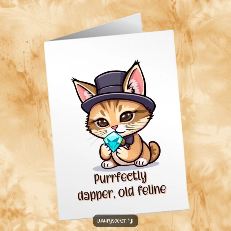 Funny Free Printable Birthday Card featuring a sophisticated cat in a top hat examining a gemstone with delight.