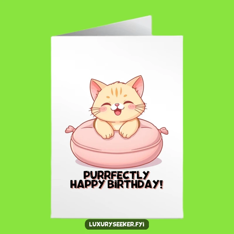 Free Printable Birthday Card: Pampered Cat Cushion Funny Downloadable Gift!