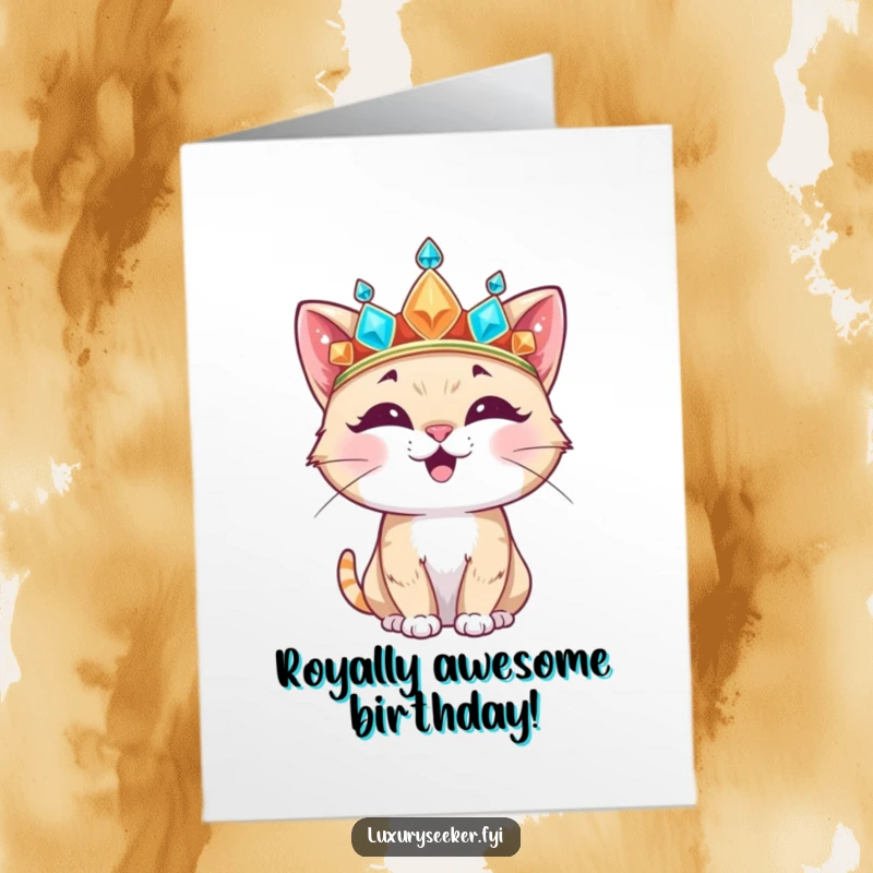Funny Free Printable Birthday Card: Happy cat dons an oversized, jeweled crown, looking hilariously regal. Downloadable gift.