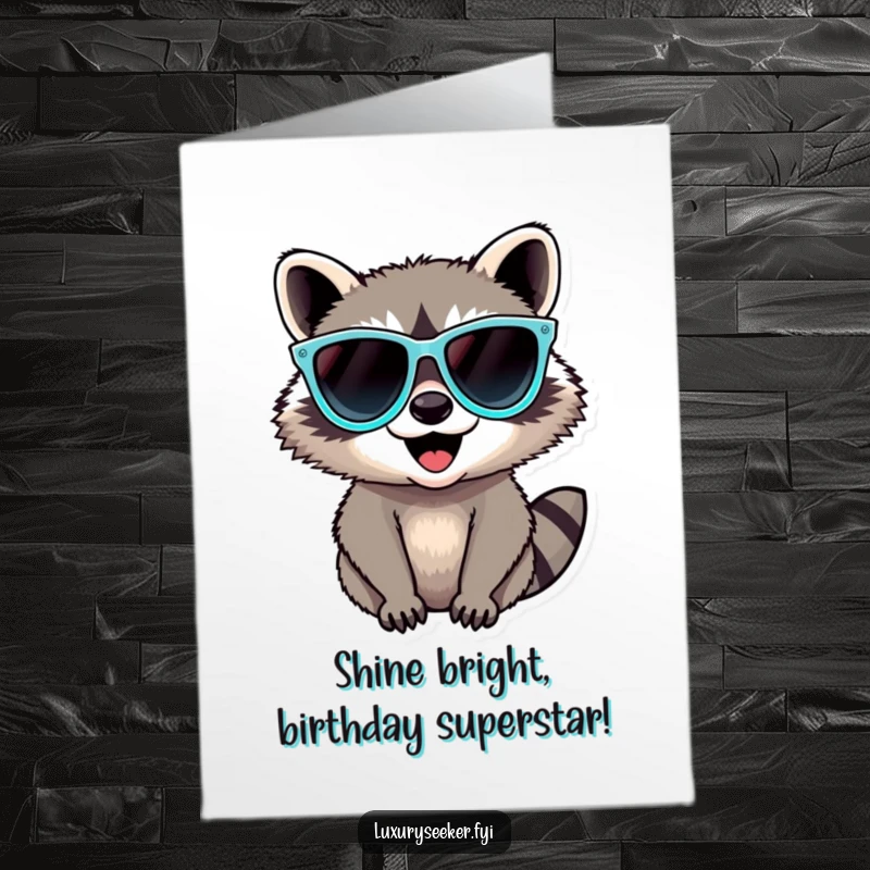 Funny Free Printable Birthday Card: Raccoon sporting oversized diamond sunglasses with a delighted expression, ready to party.