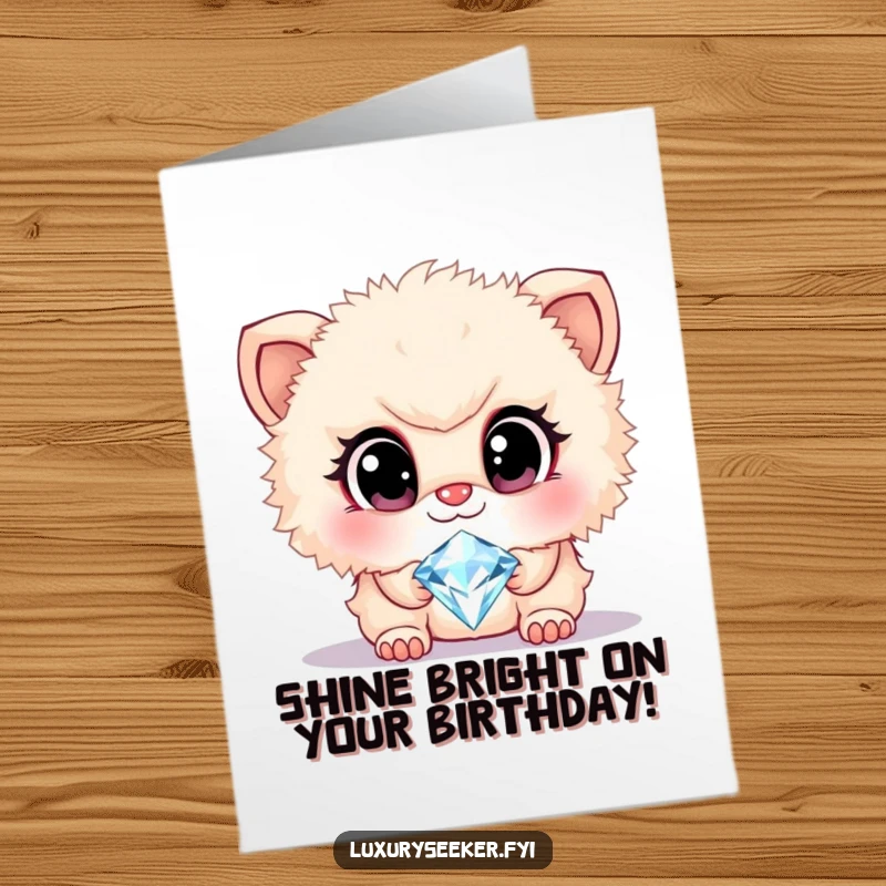 Funny Free Printable Birthday Card: Cute fluffy creature with large eyes admiring a sparkling diamond necklace, pure delight.