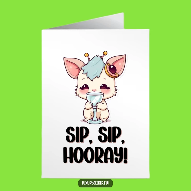 Free Printable Birthday Card: Whimsical Creature Sipping, Funny Downloadable Gift