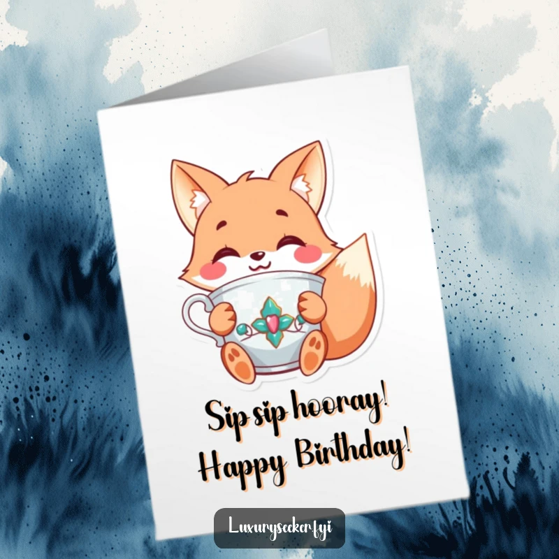 Charming Free Printable Birthday Card: Joyful fox character smiling while holding a fancy, jeweled teacup.
