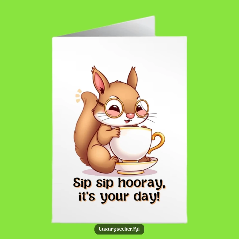 Free Printable Birthday Card: Monocled Squirrel Tea Time Funny Gift