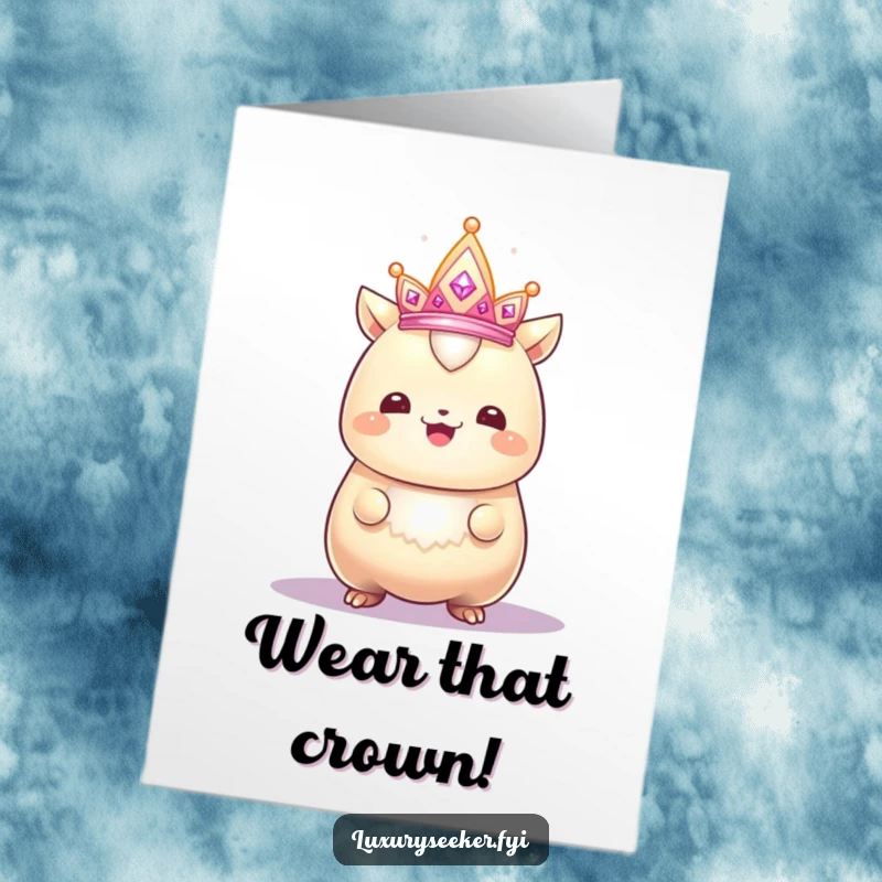 Funny Free Printable Birthday Card: Gleaming creature with a proud smile admiring a tiny, sparkling crown, looking regal.