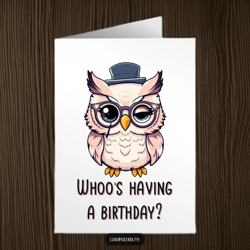 Funny Free Printable Birthday Card: Winking owl with monocle and top hat, offering birthday wishes with style.