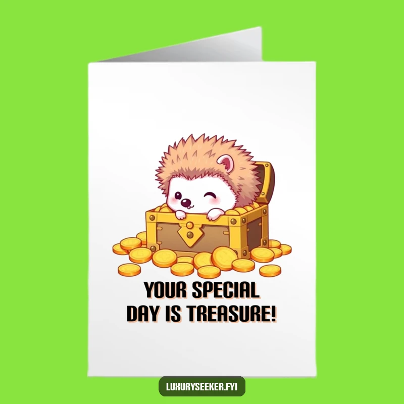 Free Printable Birthday Card: Curious Hedgehog, Treasure Chest, Funny Downloadable Gift