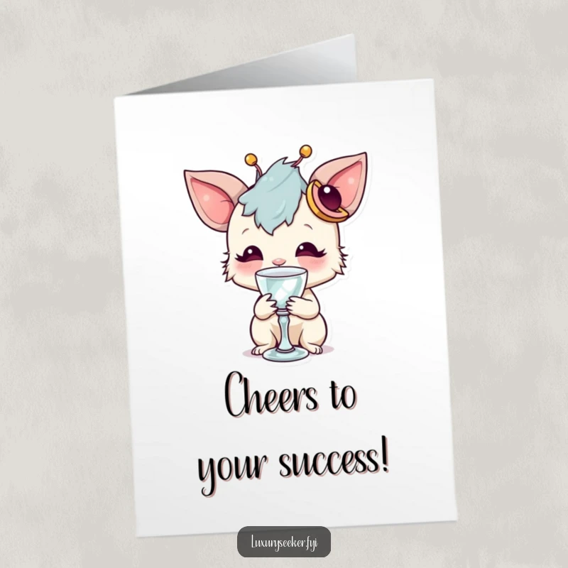 Funny Free Printable Congratulations Card: A whimsical creature with a quirky accessory sips daintily from a petite crystal goblet.