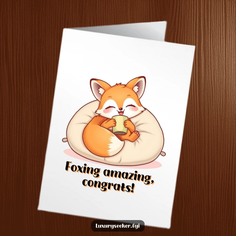 Funny Free Printable Congrats Card: Joyful fox relaxes on velvet with a drink, celebrating calm success with downloadable humor.
