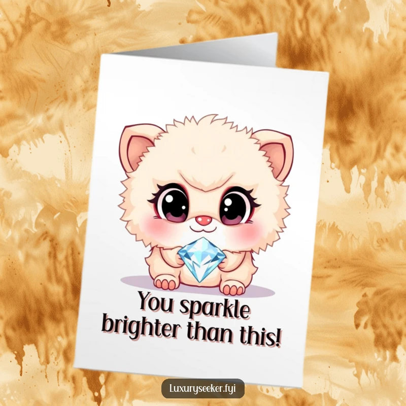 Funny Free Printable Congrats Card: Cute fluffy creature gazing admiringly at a dazzling diamond necklace, celebrating a big win.